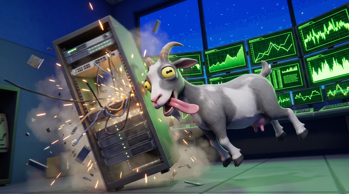 A goat headbutting a server rack in front of a wall of charts