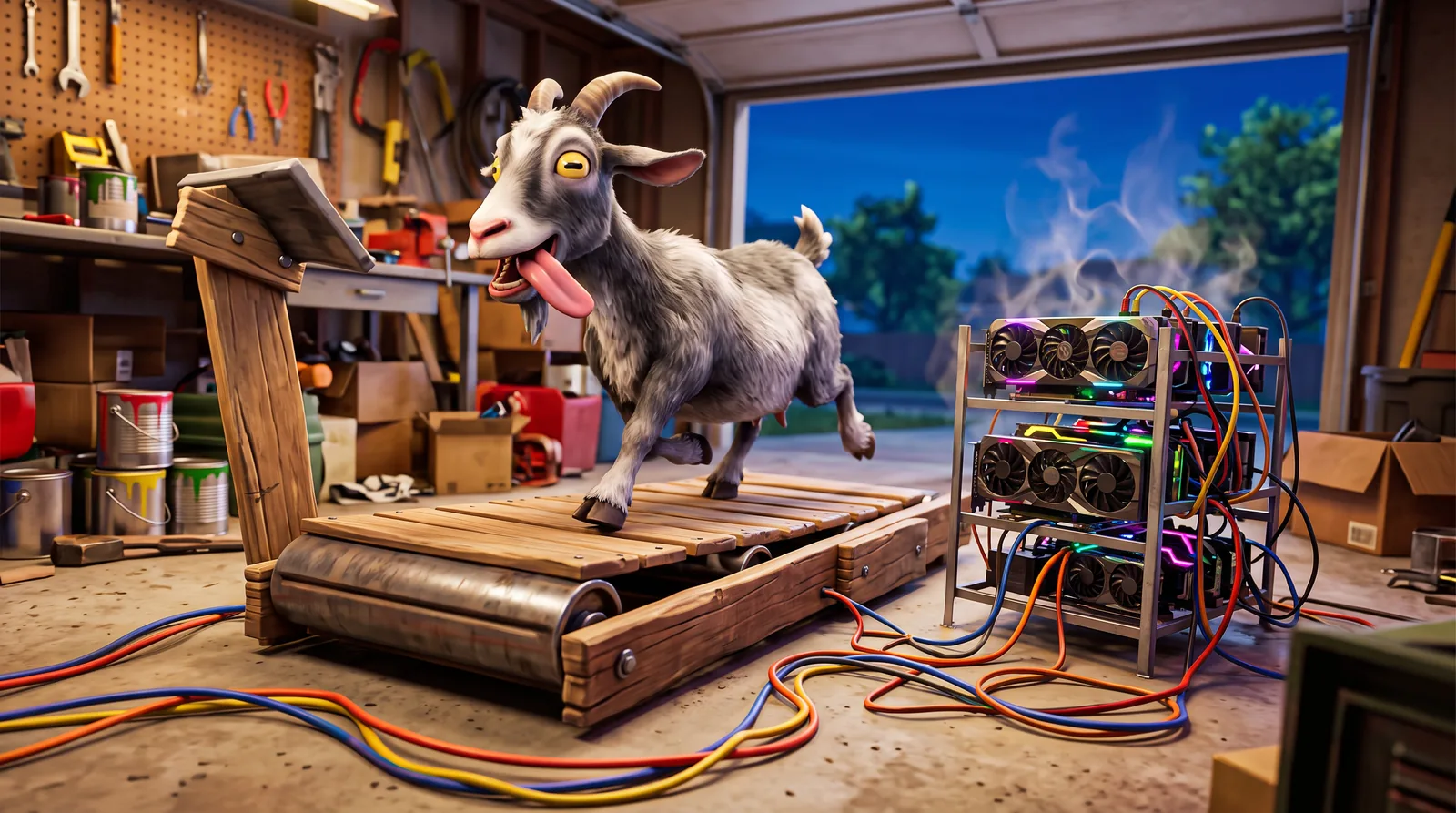 A goat running on a treadmill wired to a mining rig