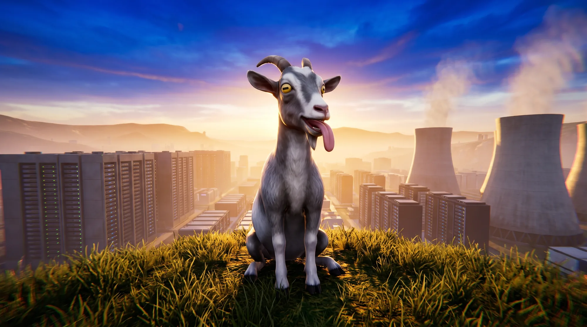 A goat on a hill overlooking a valley of datacenters at sunset
