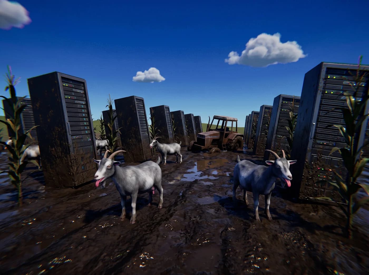 Goats grazing between rows of server racks planted in a field