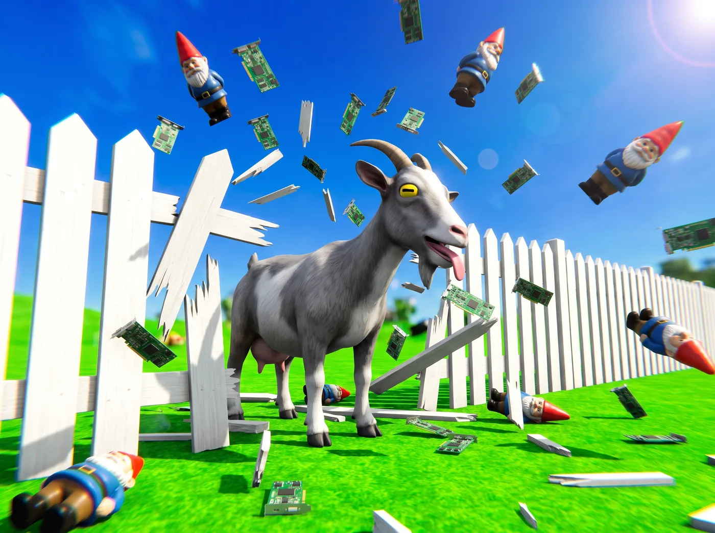 A goat headbutting through a picket fence
