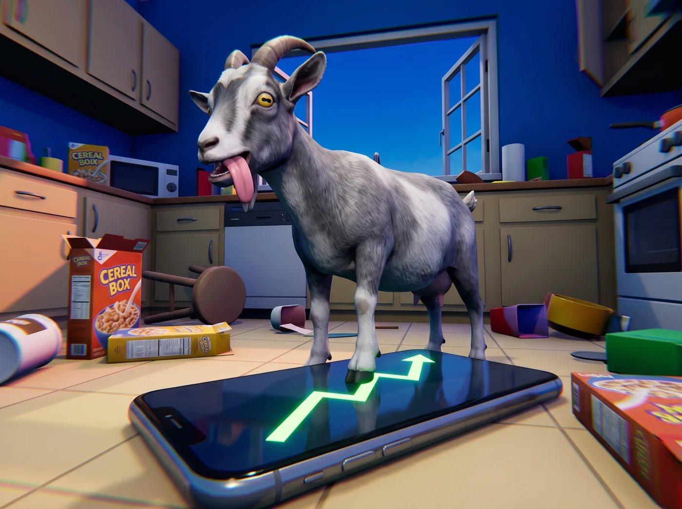 A goat standing on a giant phone showing a green line chart