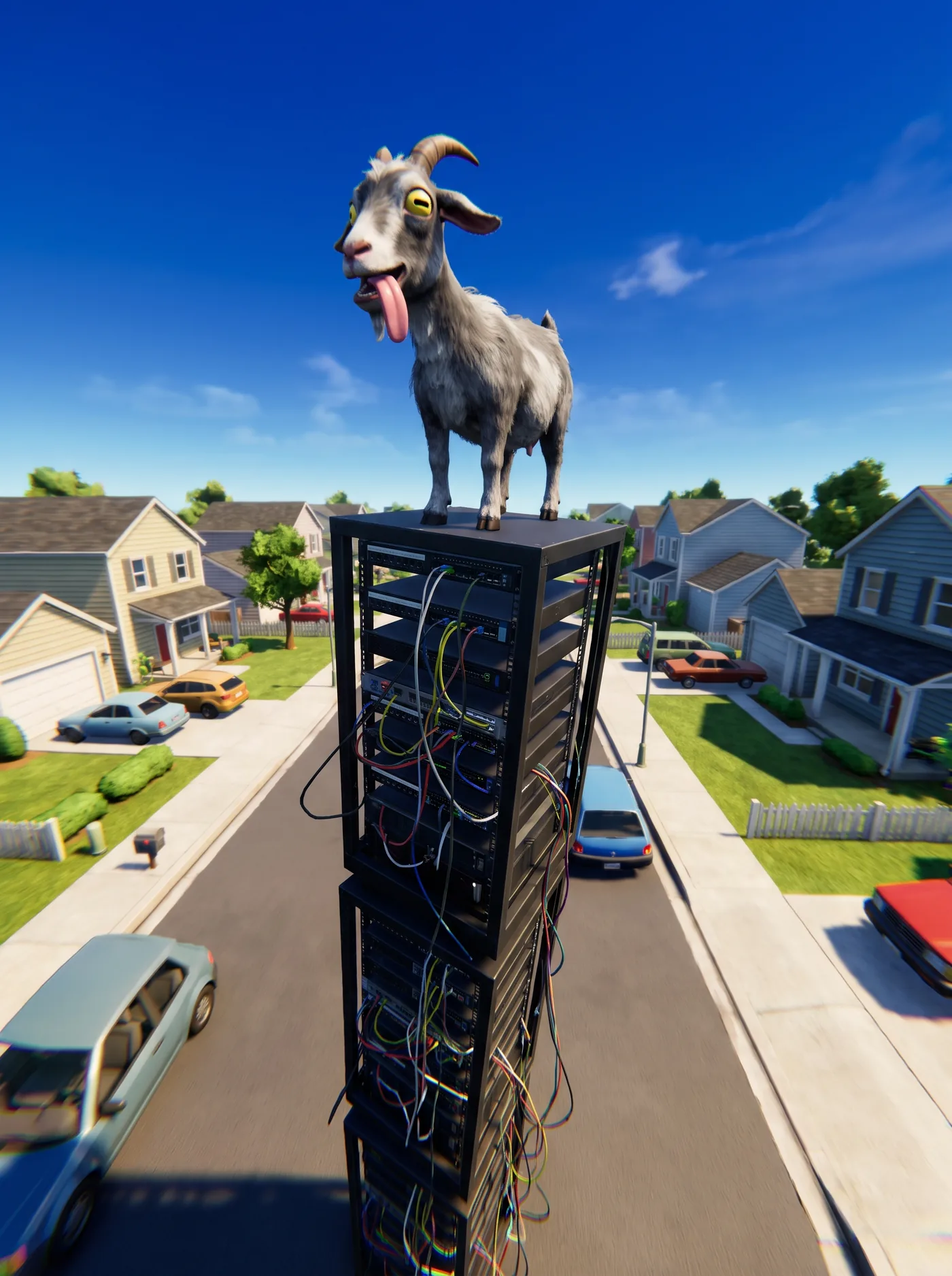 A goat standing on top of a tall stack of server racks in a street