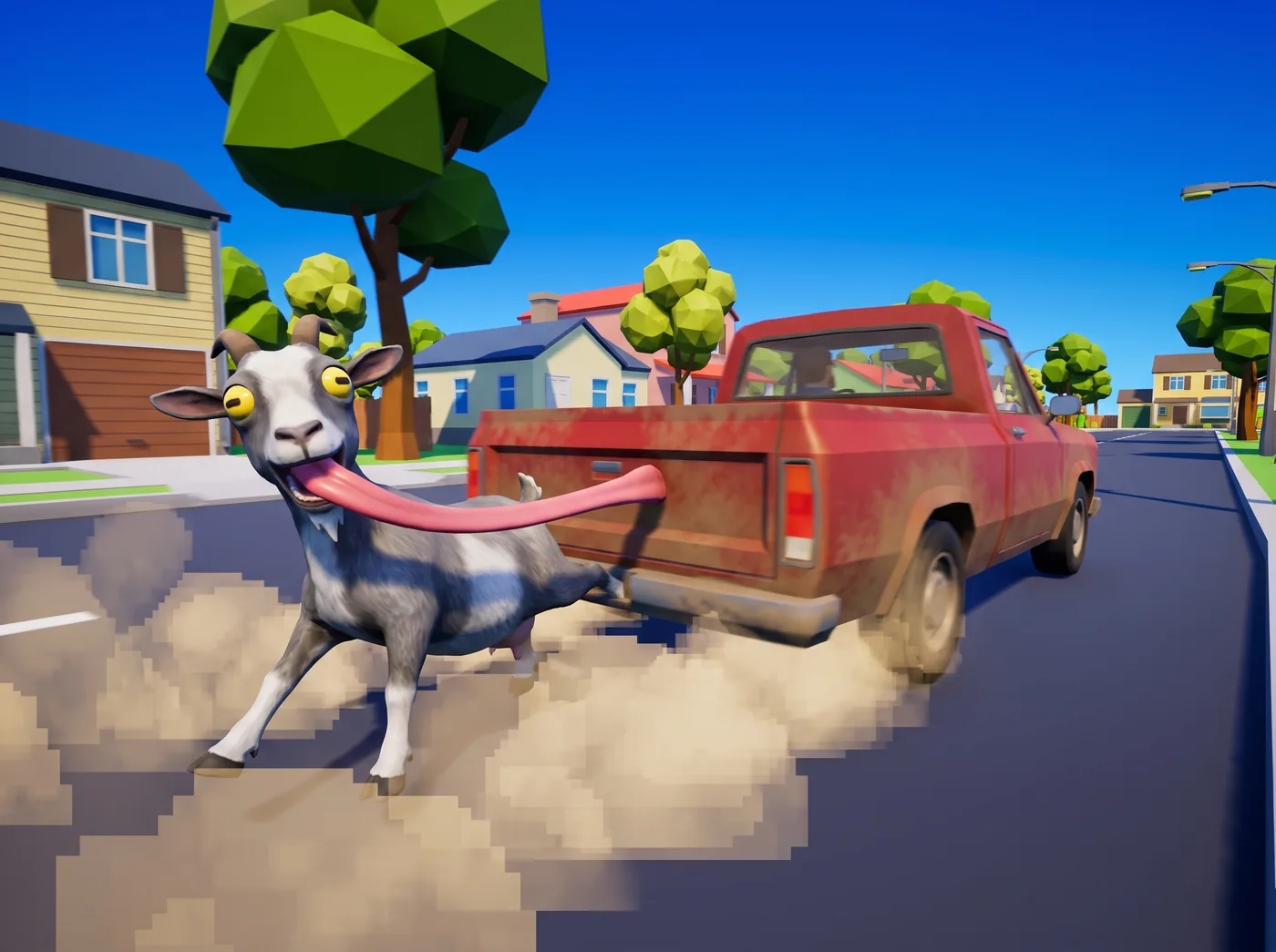 A goat being dragged behind a pickup truck by its tongue