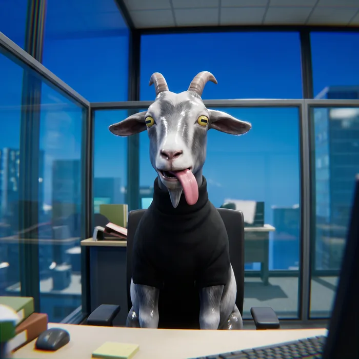 A goat in a black turtleneck at an office desk