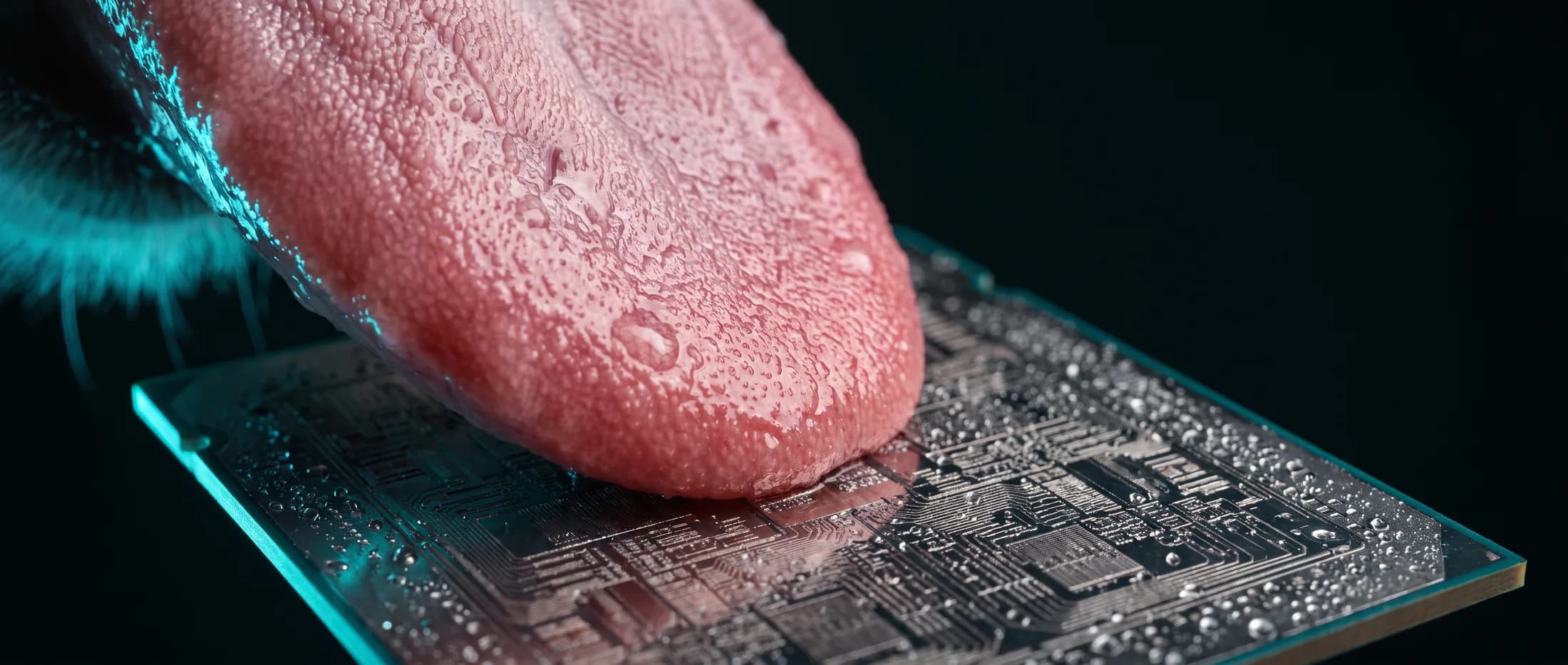 Macro shot of a goat tongue dragging across a graphics card die